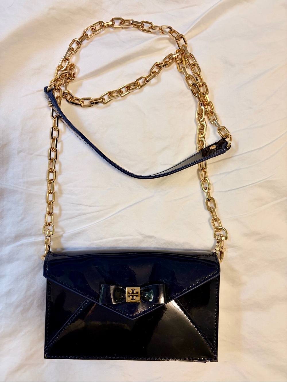 Tory Burch Navy Patent Leather Crossbody with Gold Chain